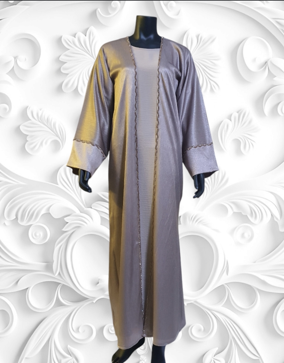 Elegant Satin Sania 3Pis Open Abaya Set With Gold Trim