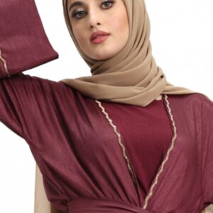 3 piece Satin Crape Abaya with Golden Trim (Cherry Red/Maroon)