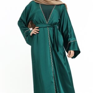 3 piece Satin Crape Abaya with Golden Trim (Bottle Green)