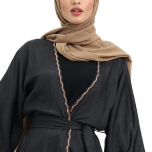 3 piece Satin Crape Abaya with Golden Trim (Black)