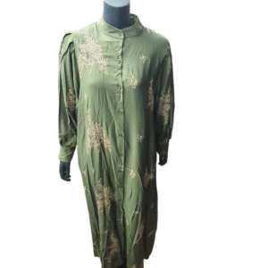 Green Linen Embroidery Dress with Balloon Sleeves