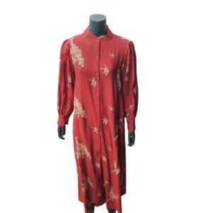Red Linen Embroidery Dress with Balloon Sleeves