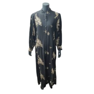Black Linen Embroidery Dress with Balloon Sleeves