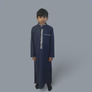 Boys Embroidered Collared Thobe Navy with White Trim and Elegant Arabic Design
