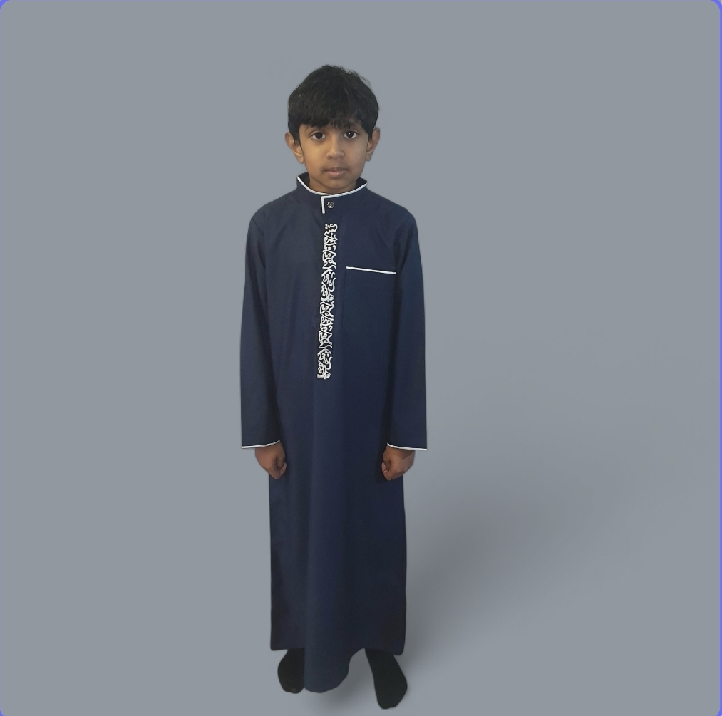 Boys Embroidered Collared Thobe Navy with White Trim and Elegant Arabic Design