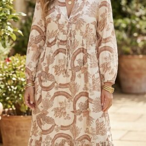 Beige Floral Midi Dress