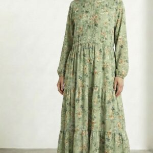Chiffon Green Floral Maxi Dress with Frills