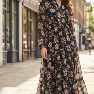 Black Blossom Chiffon Ruffle Maxi Dress
